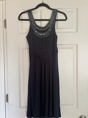 Soprano Navy Midi Dress with Beaded Scoop Neckline